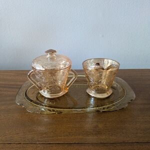 Vintage Amber Glass Sugar/Creamer/Tray Set From The 50's.  Perfect Condition.